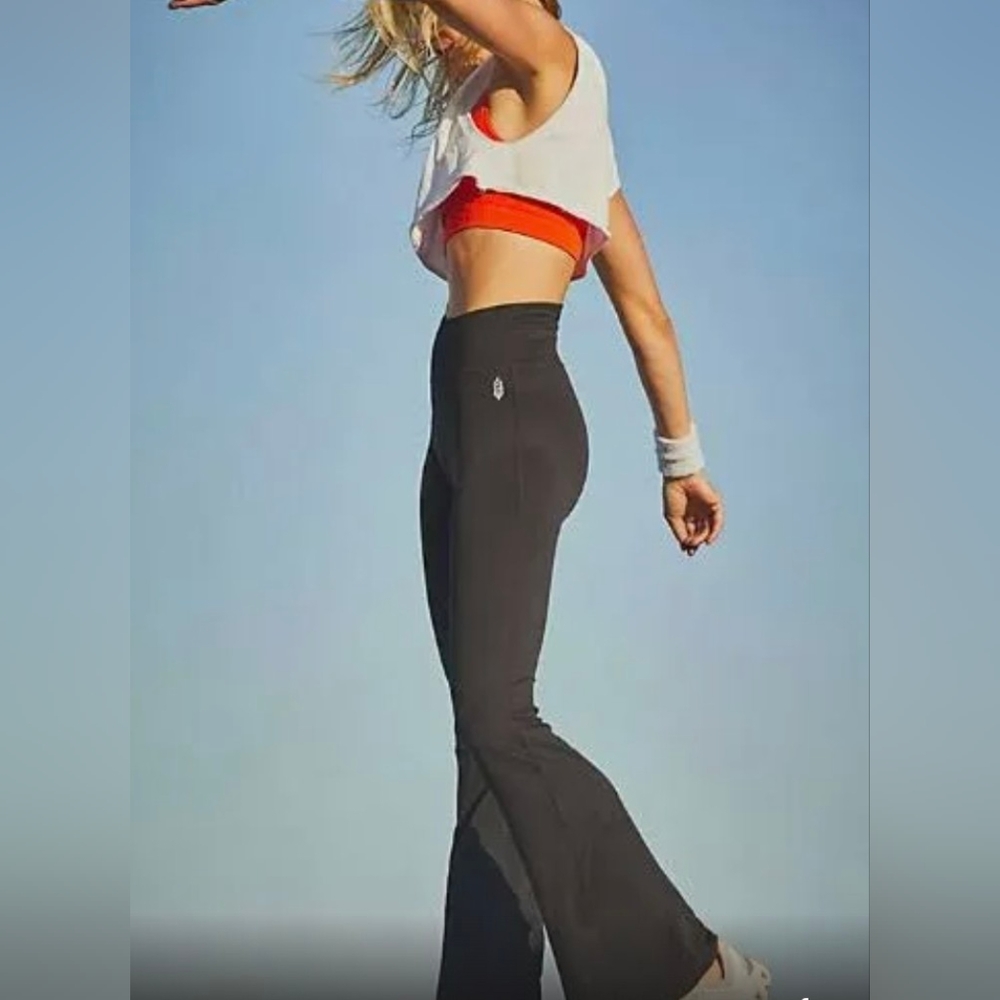 FP Movement by Free People Black Flare Leggings with Red Sports Bra Accent
